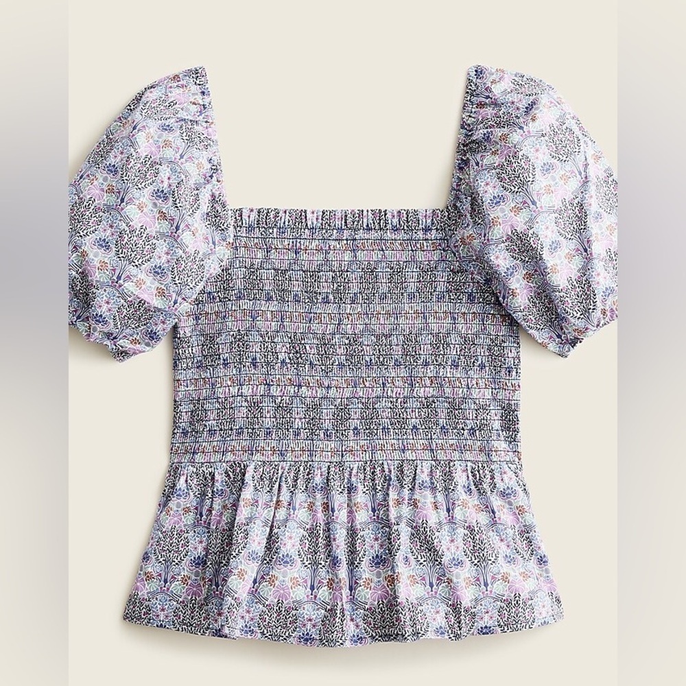J. Crew smocked square neck Puff floral LIBERTY fabrics crop blouse top organic